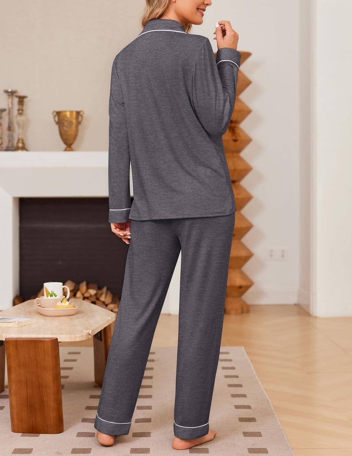 imageEkouaer Womens Pajama Sets Soft Button Down Pj Sets 2 piece Long Sleeve and Pants Loungewear Set SXXLDark Grey