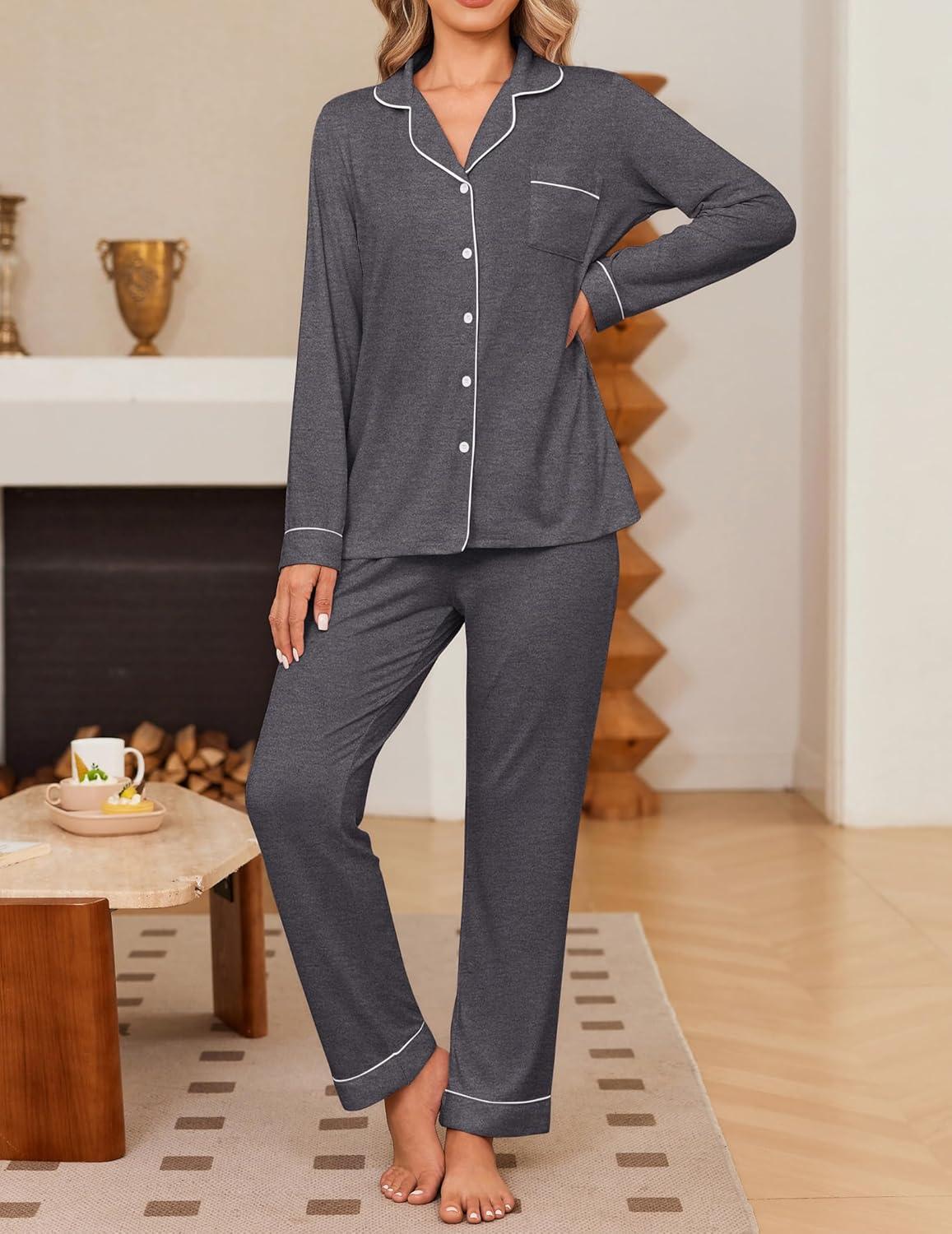 imageEkouaer Womens Pajama Sets Soft Button Down Pj Sets 2 piece Long Sleeve and Pants Loungewear Set SXXLDark Grey