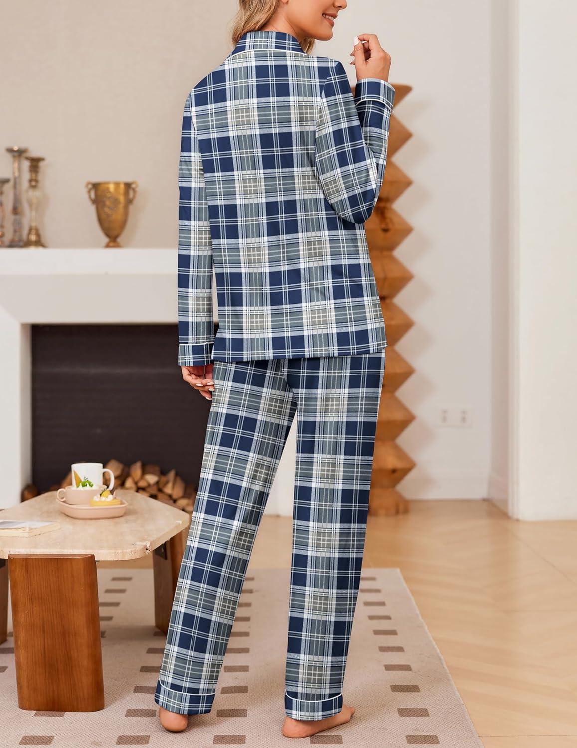 imageEkouaer Womens Pajama Sets Soft Button Down Pj Sets 2 piece Long Sleeve and Pants Loungewear Set SXXLDeep Blue Plaid