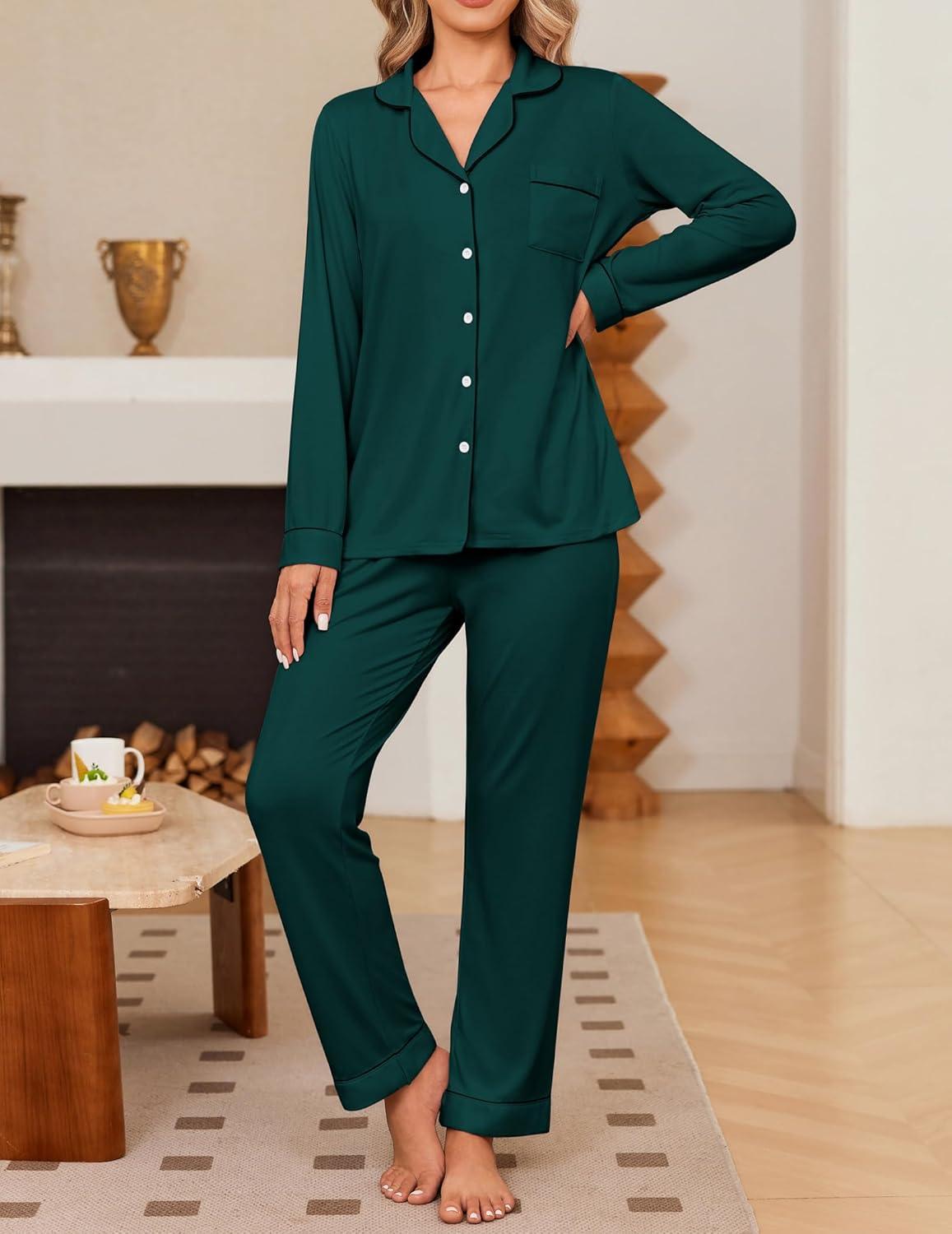 imageEkouaer Womens Pajama Sets Soft Button Down Pj Sets 2 piece Long Sleeve and Pants Loungewear Set SXXLGreen