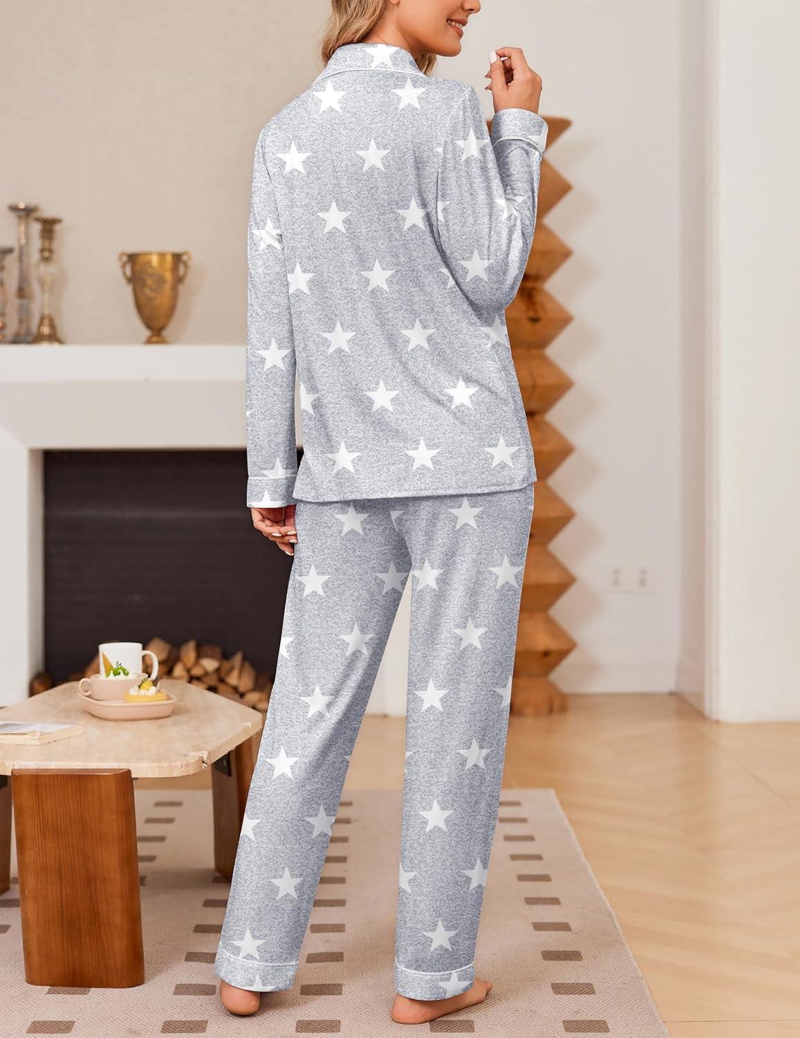 imageEkouaer Womens Pajama Sets Soft Button Down Pj Sets 2 piece Long Sleeve and Pants Loungewear Set SXXLLight Grey Star