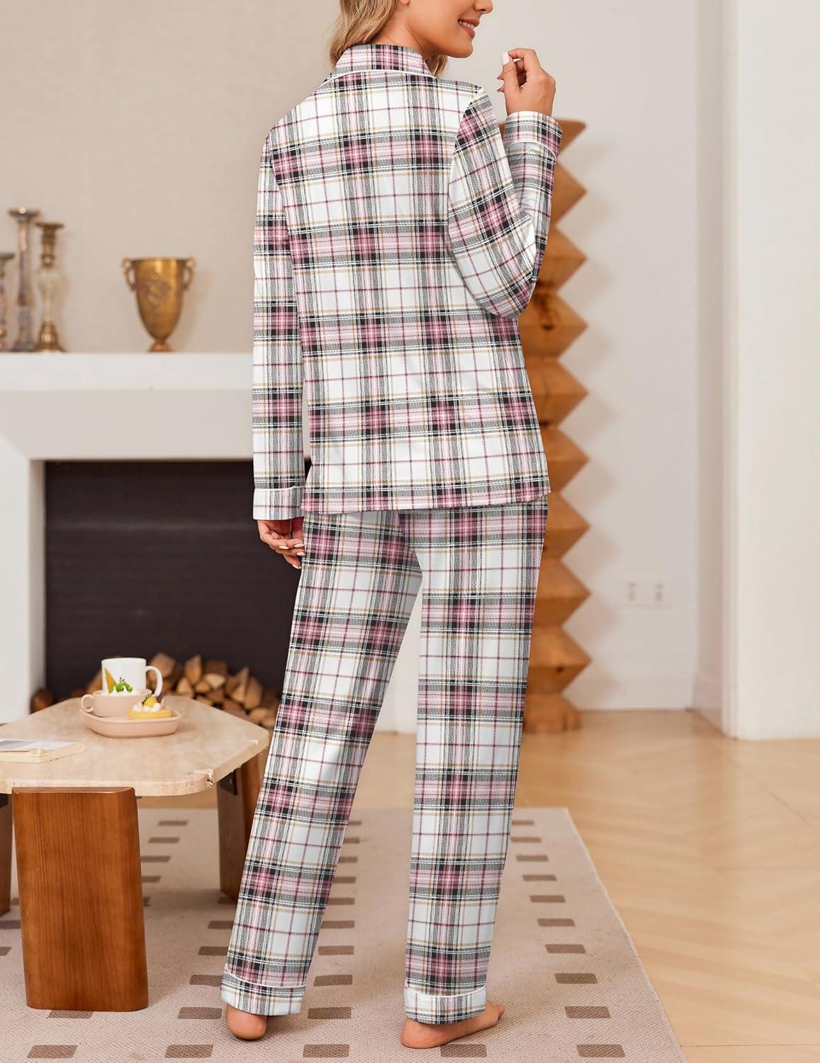 imageEkouaer Womens Pajama Sets Soft Button Down Pj Sets 2 piece Long Sleeve and Pants Loungewear Set SXXLLight Pink Plaid