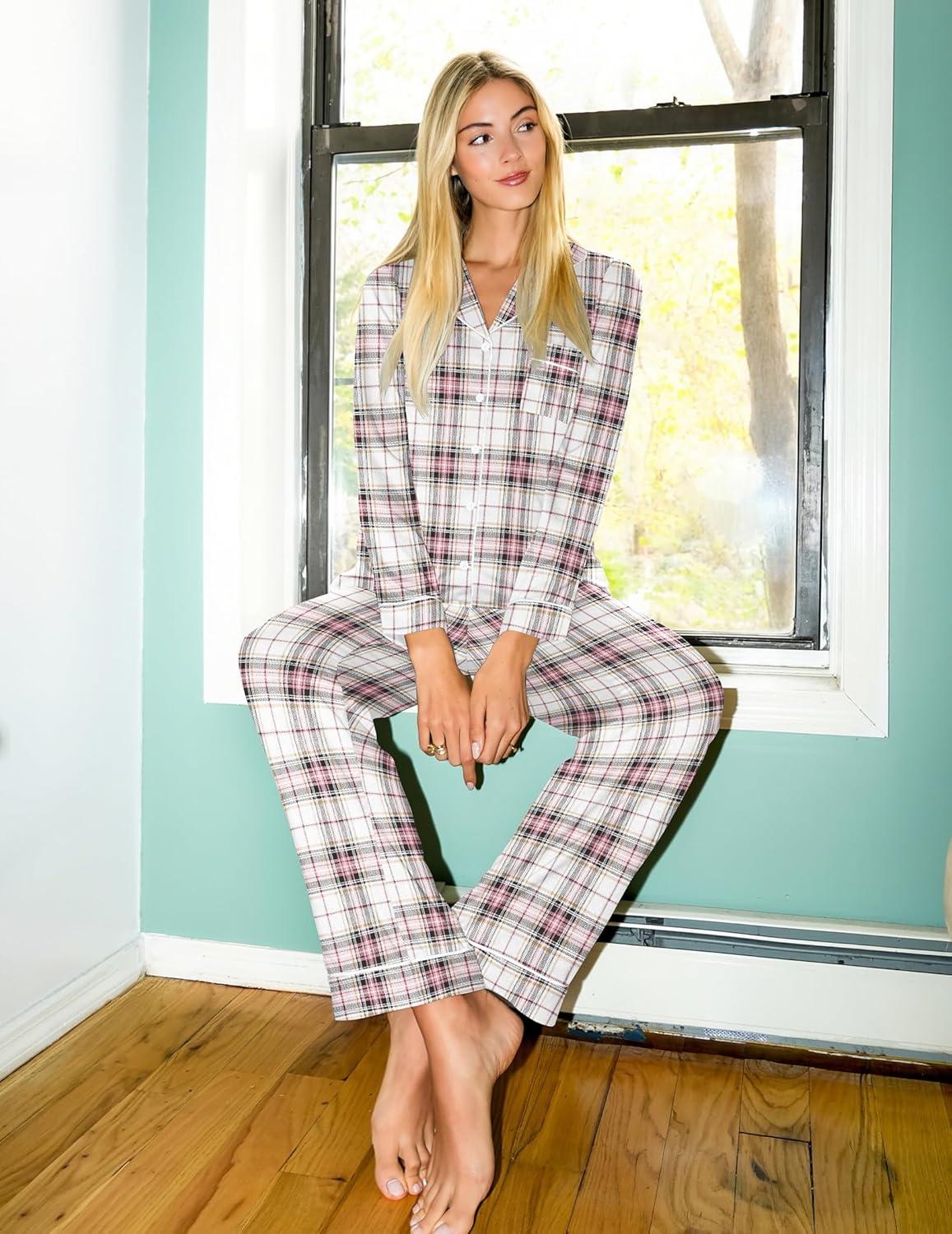 imageEkouaer Womens Pajama Sets Soft Button Down Pj Sets 2 piece Long Sleeve and Pants Loungewear Set SXXLLight Pink Plaid