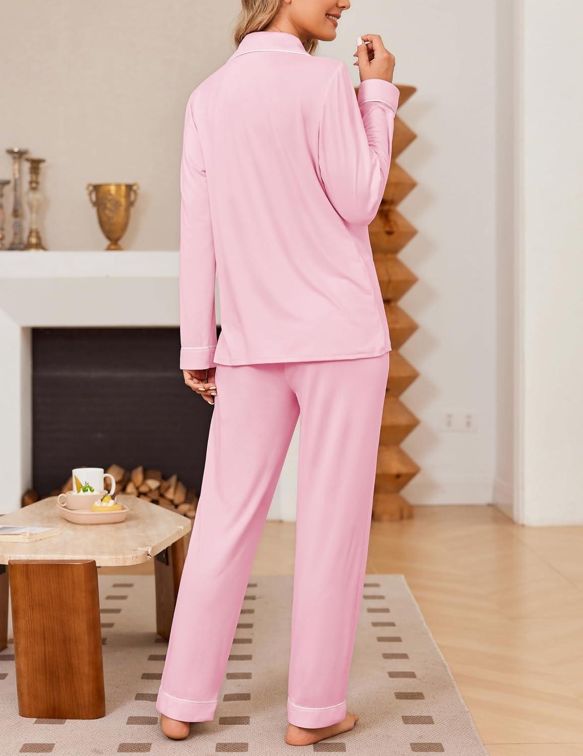 imageEkouaer Womens Pajama Sets Soft Button Down Pj Sets 2 piece Long Sleeve and Pants Loungewear Set SXXLPink