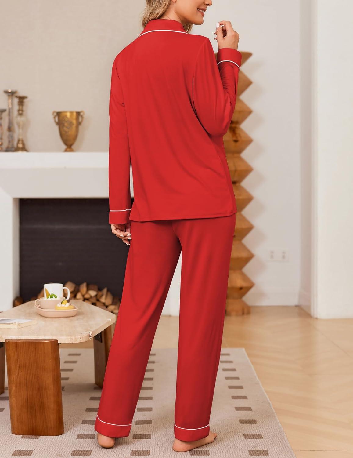 imageEkouaer Womens Pajama Sets Soft Button Down Pj Sets 2 piece Long Sleeve and Pants Loungewear Set SXXLRed