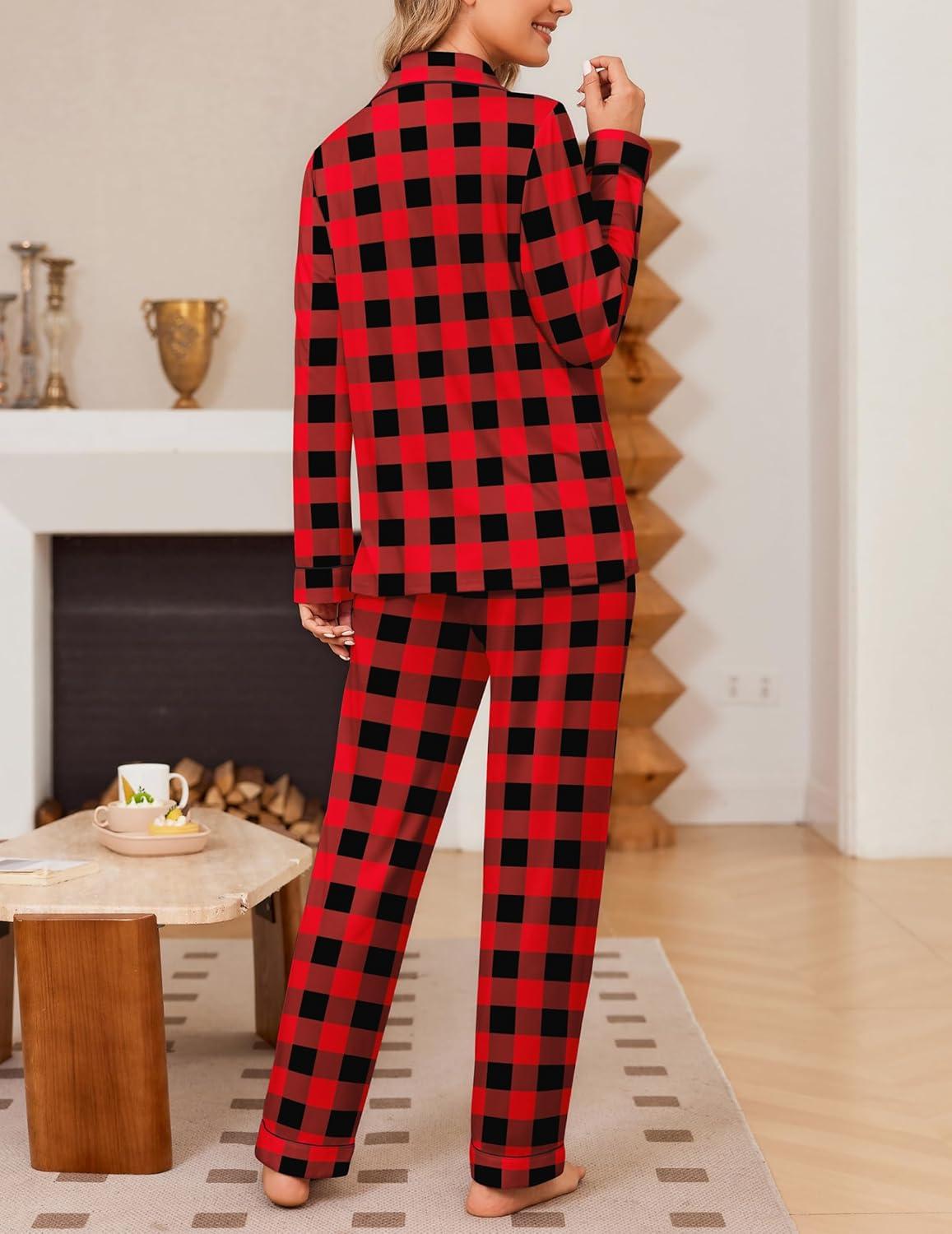 imageEkouaer Womens Pajama Sets Soft Button Down Pj Sets 2 piece Long Sleeve and Pants Loungewear Set SXXLRed Plaid