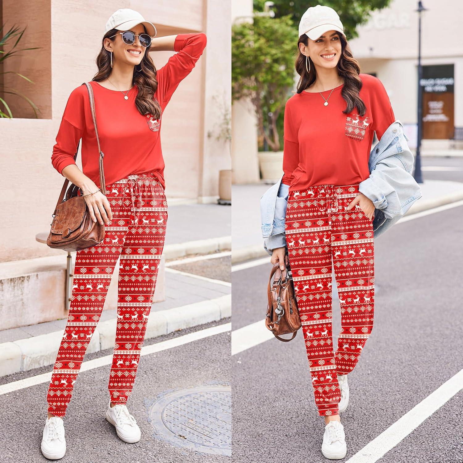 imageEkouaer Womens Pajamas Set Long Sleeve Christmas PJ Sets Soft Lounge Set for Women Sleepwear Joggers with PocketsRed Elk