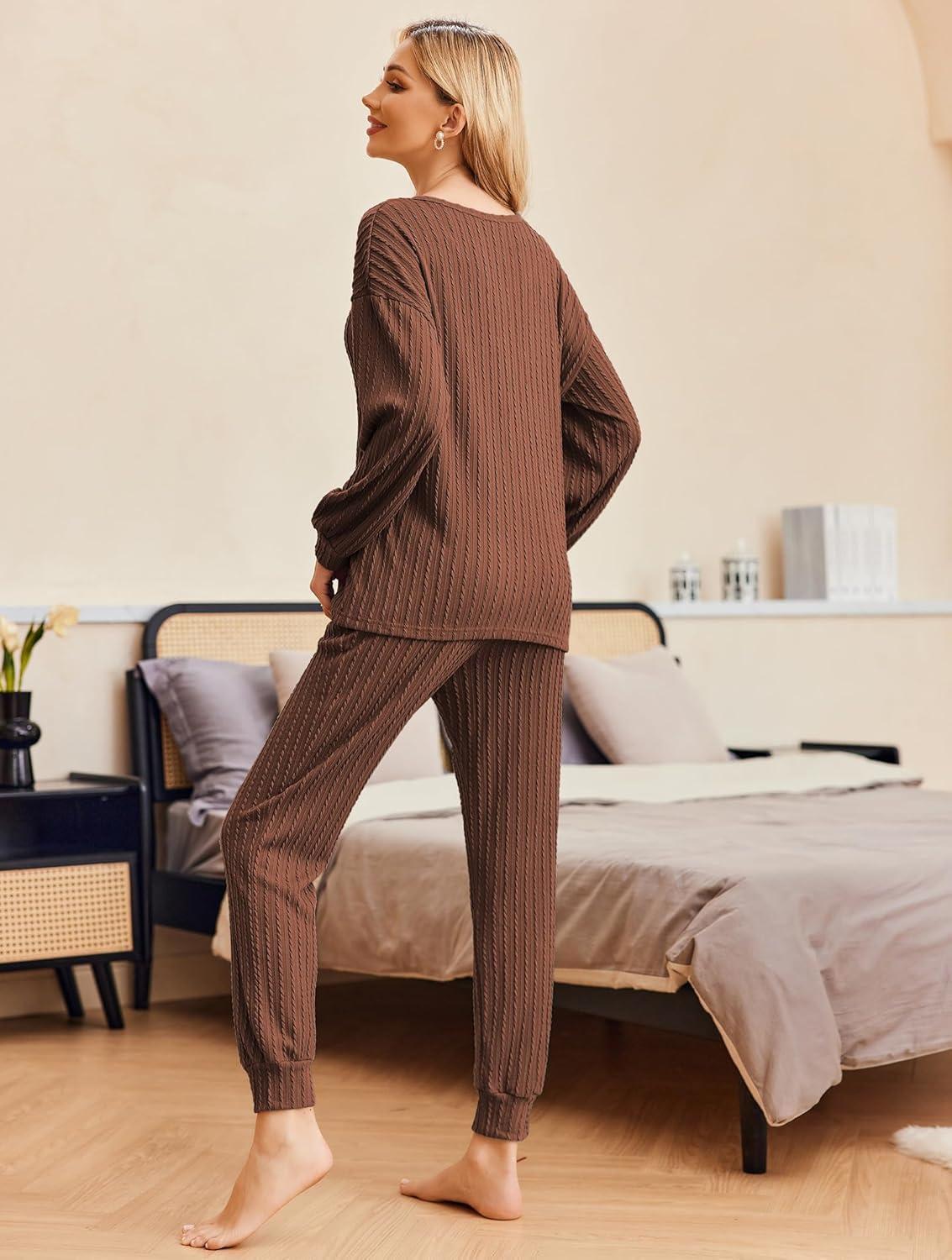 imageEkouaer Womens Pajamas Set Ribbed Knit Long Sleeve Pullover Top Jogger Pants Set 2 Piece Lounge Set Sleepwear Tracksuit SXXLBrown