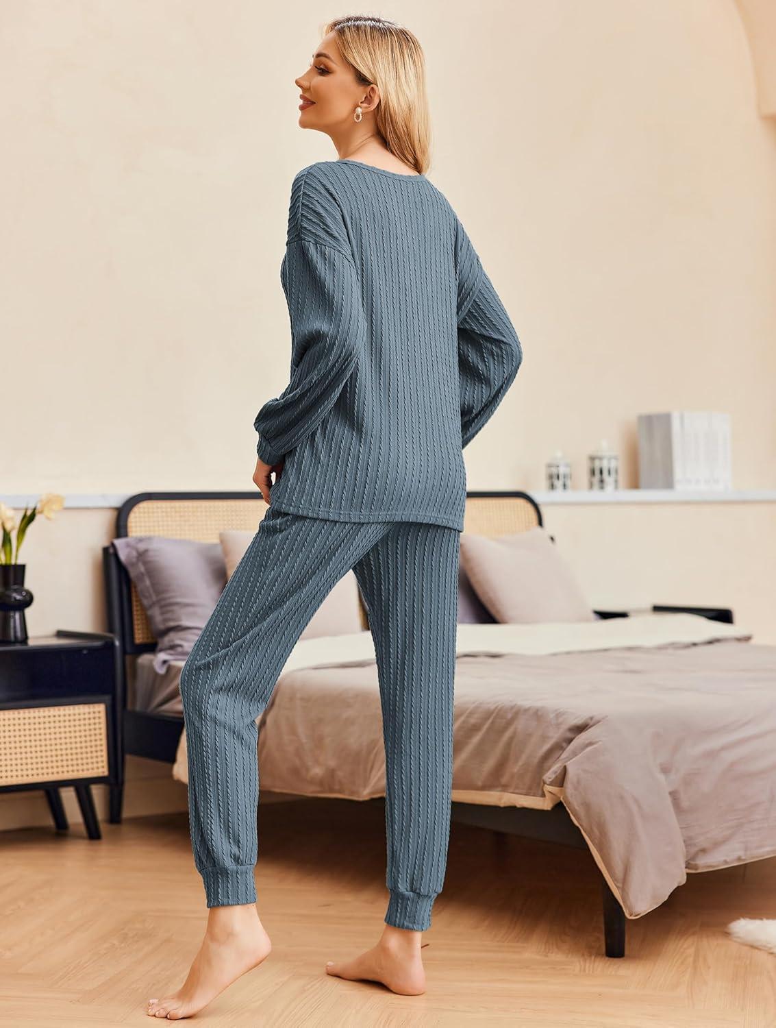 imageEkouaer Womens Pajamas Set Ribbed Knit Long Sleeve Pullover Top Jogger Pants Set 2 Piece Lounge Set Sleepwear Tracksuit SXXLDark Blue