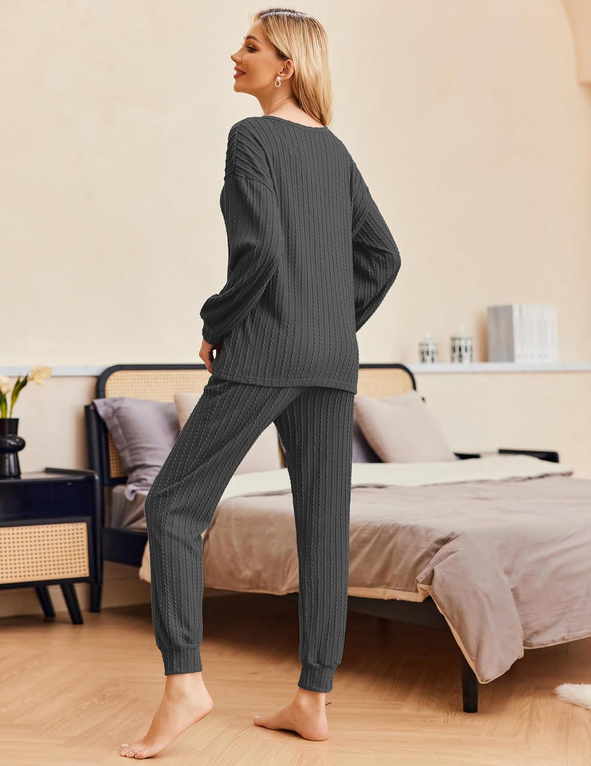 imageEkouaer Womens Pajamas Set Ribbed Knit Long Sleeve Pullover Top Jogger Pants Set 2 Piece Lounge Set Sleepwear Tracksuit SXXLDark Grey