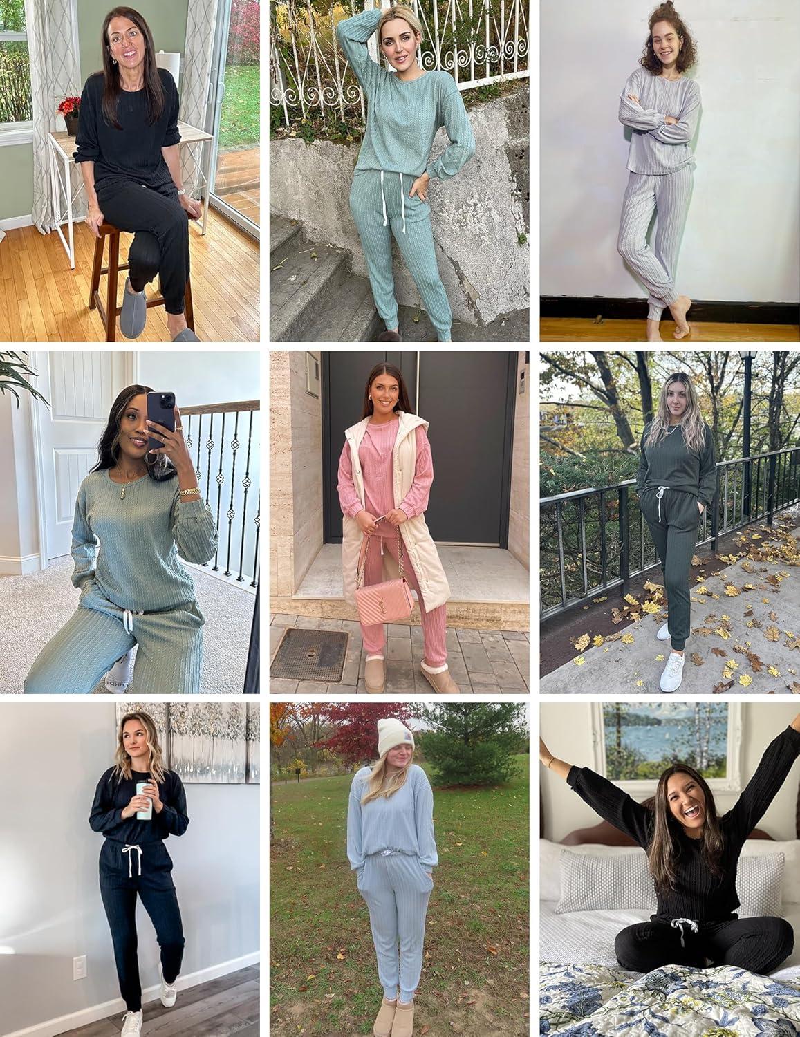 imageEkouaer Womens Pajamas Set Ribbed Knit Long Sleeve Pullover Top Jogger Pants Set 2 Piece Lounge Set Sleepwear Tracksuit SXXLDark Grey
