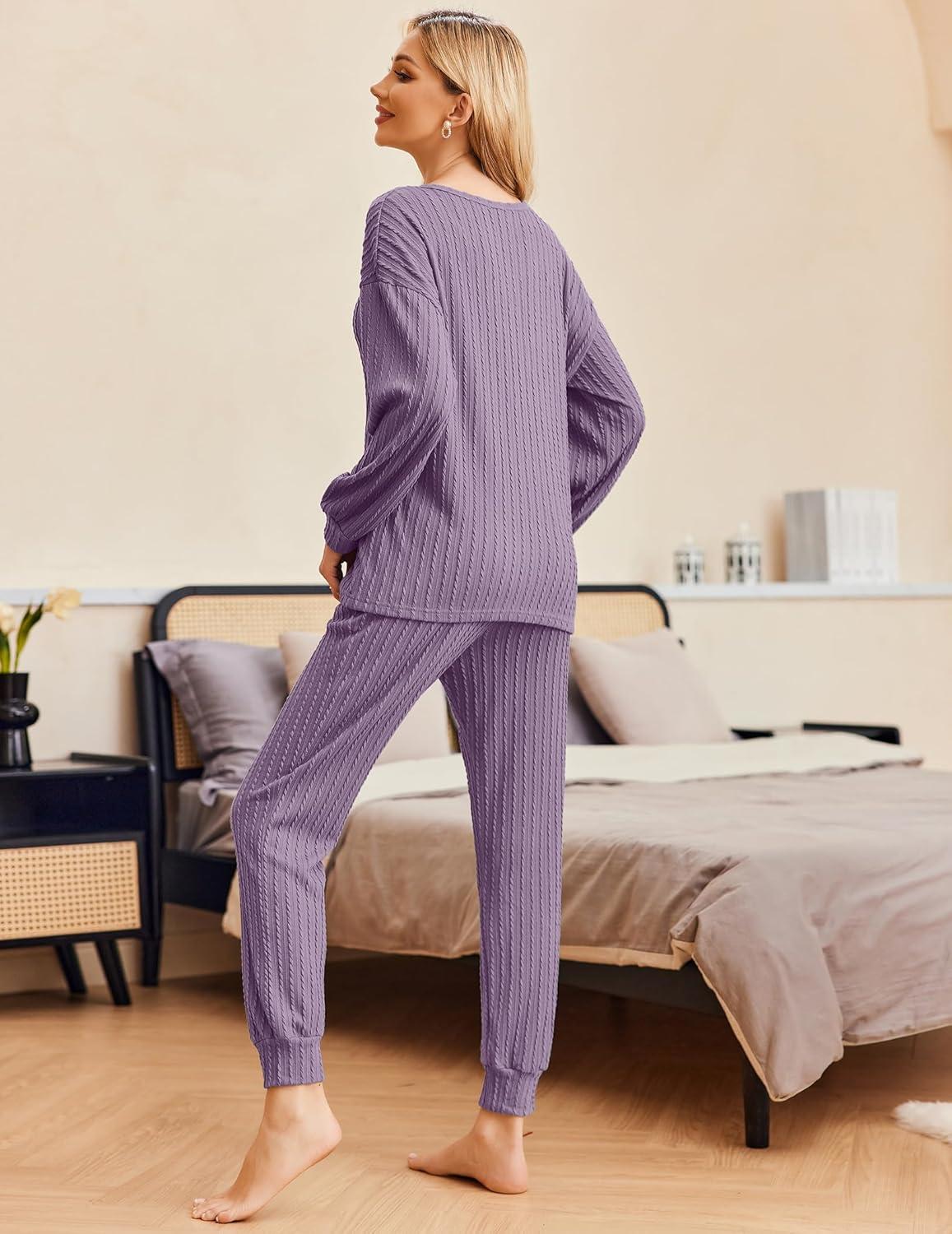 imageEkouaer Womens Pajamas Set Ribbed Knit Long Sleeve Pullover Top Jogger Pants Set 2 Piece Lounge Set Sleepwear Tracksuit SXXLGrey Purple