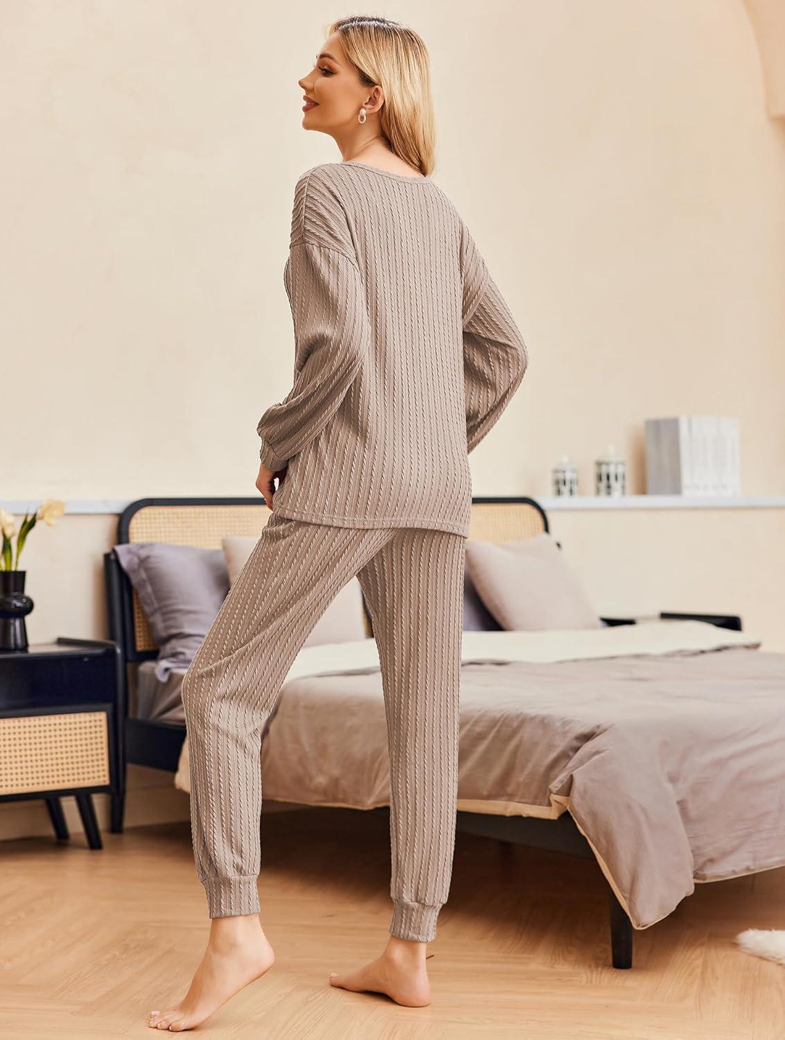 imageEkouaer Womens Pajamas Set Ribbed Knit Long Sleeve Pullover Top Jogger Pants Set 2 Piece Lounge Set Sleepwear Tracksuit SXXLKhaki