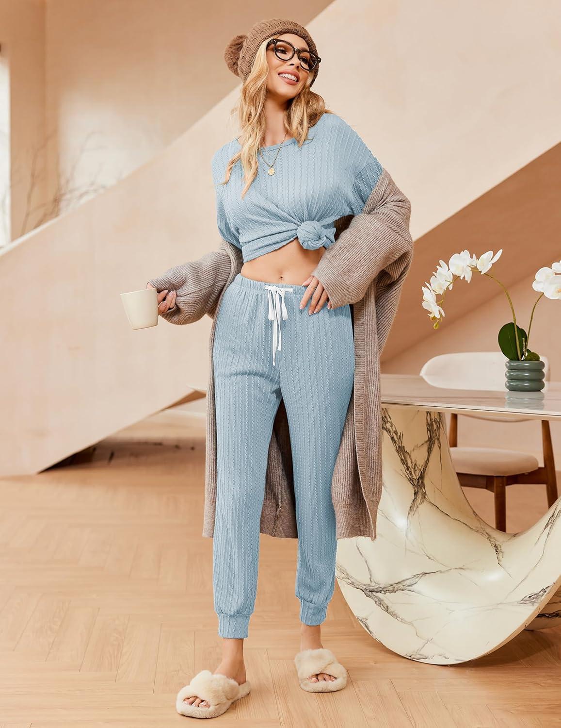 imageEkouaer Womens Pajamas Set Ribbed Knit Long Sleeve Pullover Top Jogger Pants Set 2 Piece Lounge Set Sleepwear Tracksuit SXXLLight Blue