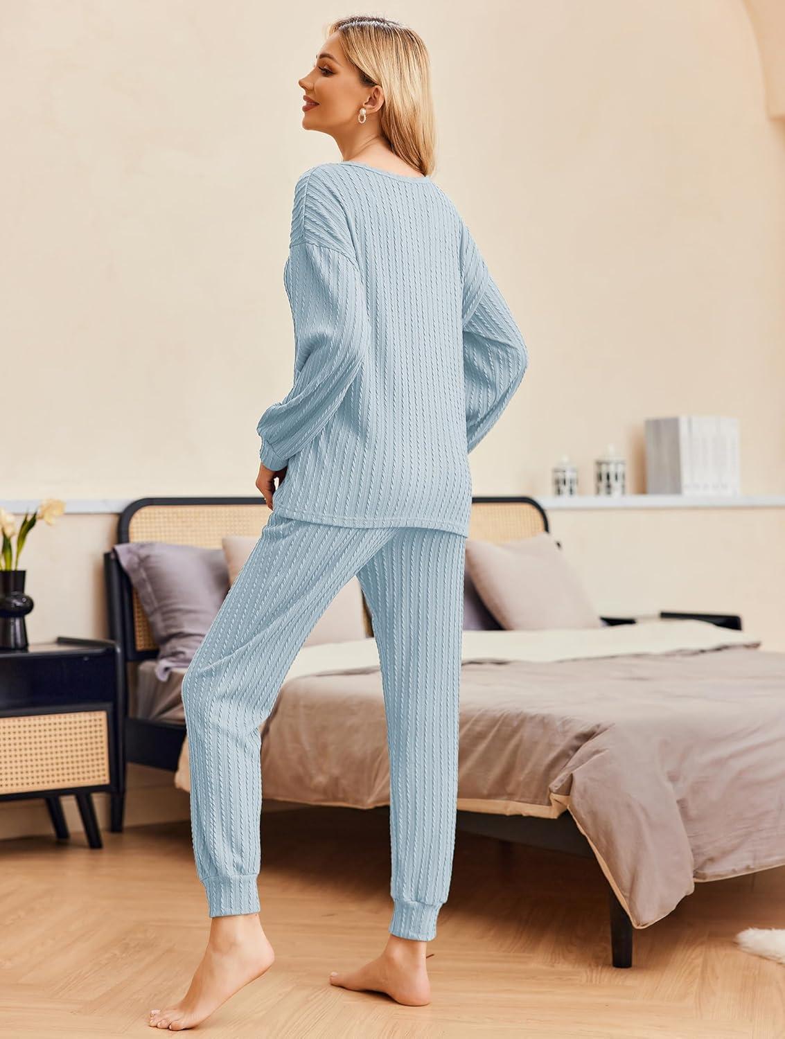 imageEkouaer Womens Pajamas Set Ribbed Knit Long Sleeve Pullover Top Jogger Pants Set 2 Piece Lounge Set Sleepwear Tracksuit SXXLLight Blue