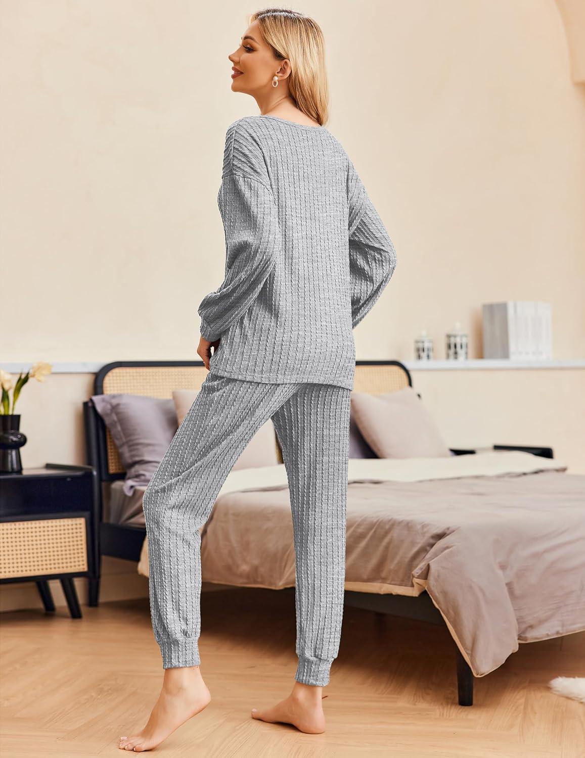 imageEkouaer Womens Pajamas Set Ribbed Knit Long Sleeve Pullover Top Jogger Pants Set 2 Piece Lounge Set Sleepwear Tracksuit SXXLLight Grey