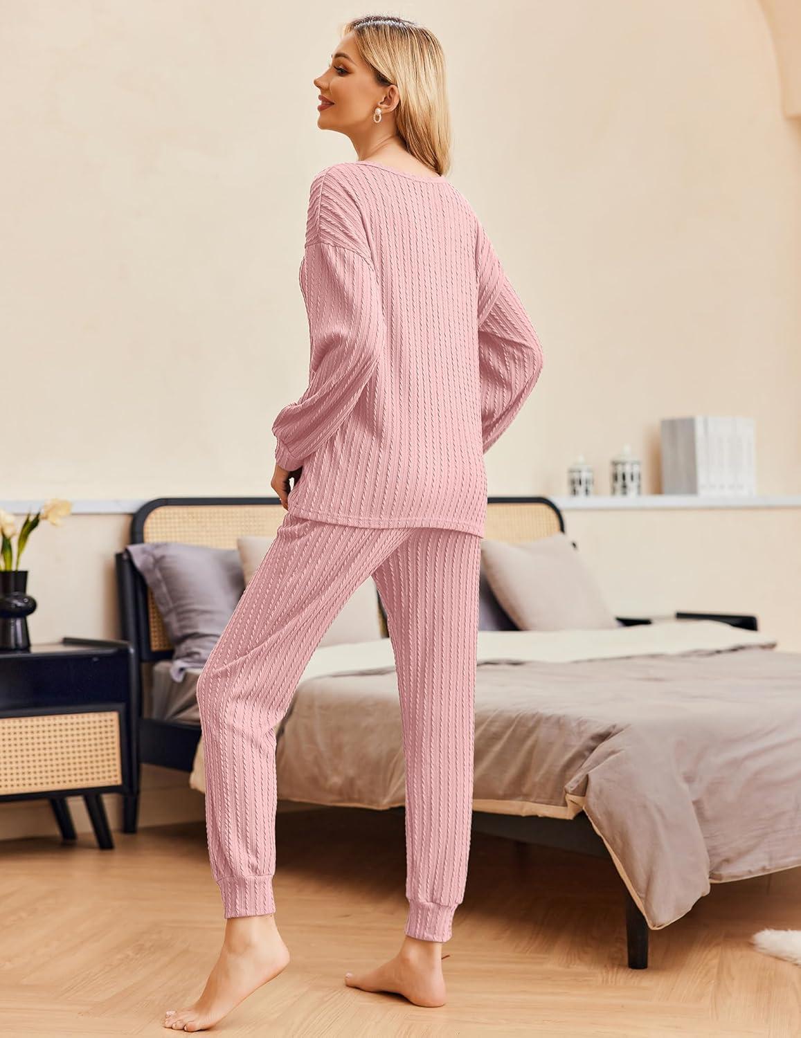 imageEkouaer Womens Pajamas Set Ribbed Knit Long Sleeve Pullover Top Jogger Pants Set 2 Piece Lounge Set Sleepwear Tracksuit SXXLLight Pink