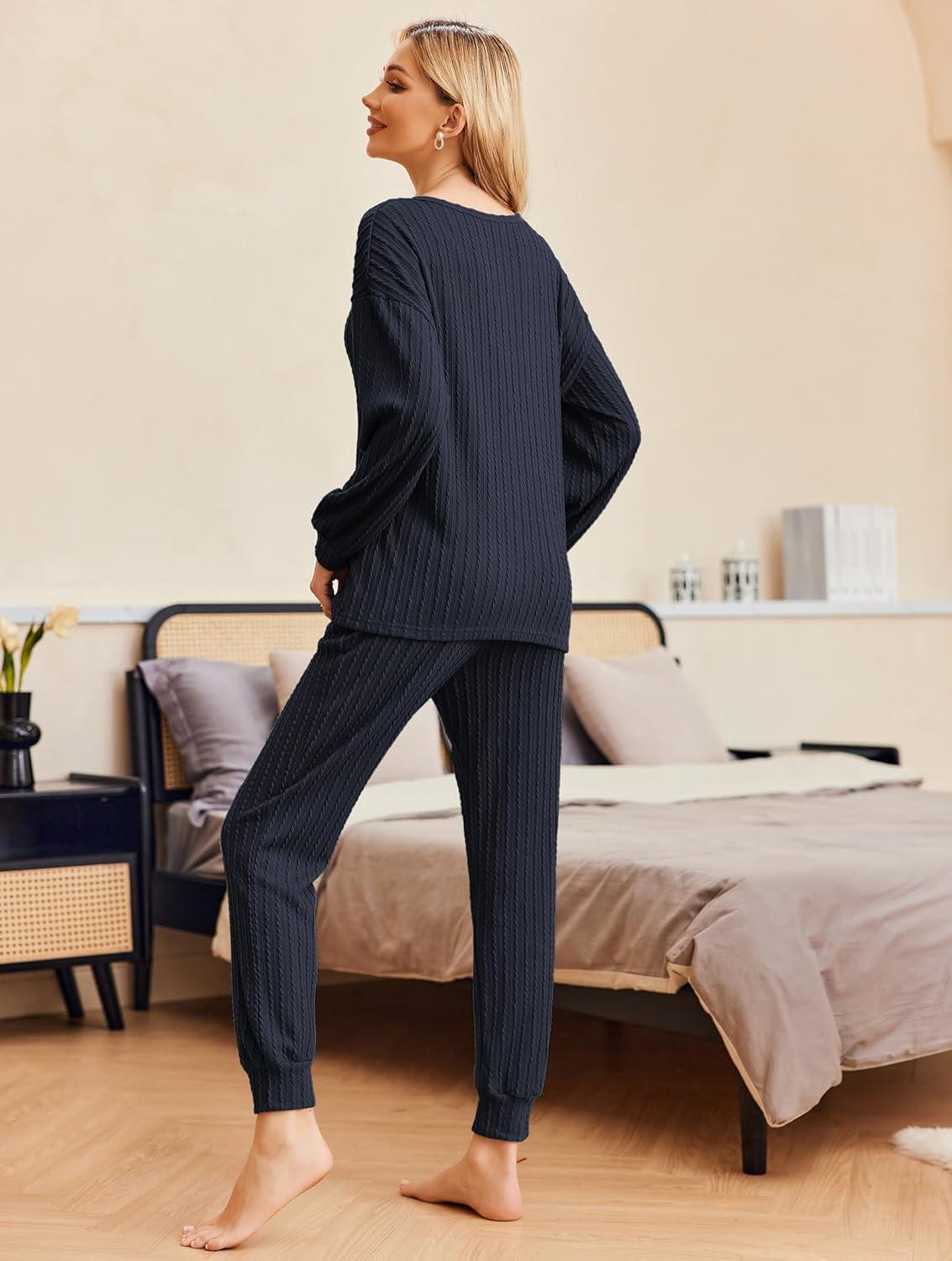 imageEkouaer Womens Pajamas Set Ribbed Knit Long Sleeve Pullover Top Jogger Pants Set 2 Piece Lounge Set Sleepwear Tracksuit SXXLNavy