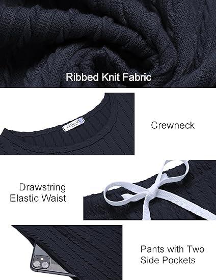 imageEkouaer Womens Pajamas Set Ribbed Knit Long Sleeve Pullover Top Jogger Pants Set 2 Piece Lounge Set Sleepwear Tracksuit SXXLNavy