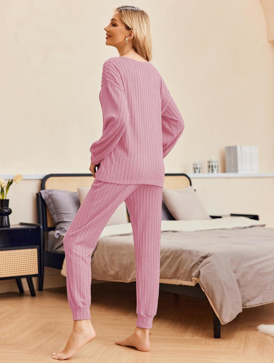 imageEkouaer Womens Pajamas Set Ribbed Knit Long Sleeve Pullover Top Jogger Pants Set 2 Piece Lounge Set Sleepwear Tracksuit SXXLPink