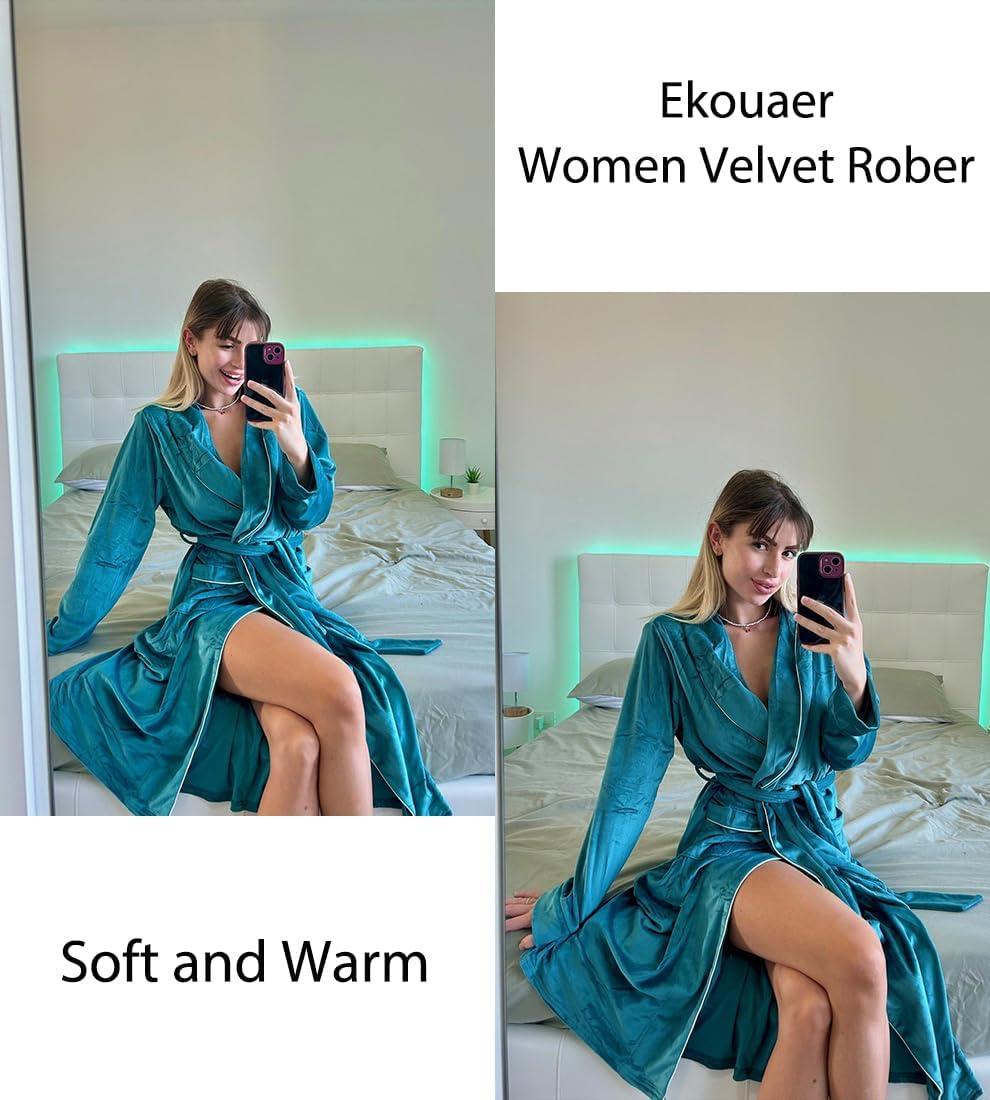 imageEkouaer Womens Robe Long Velvet Long Length Bathrobe Soft Warm Sleepwear Shawl Collar Casual Ladies LoungewearAdark Peacock Blue