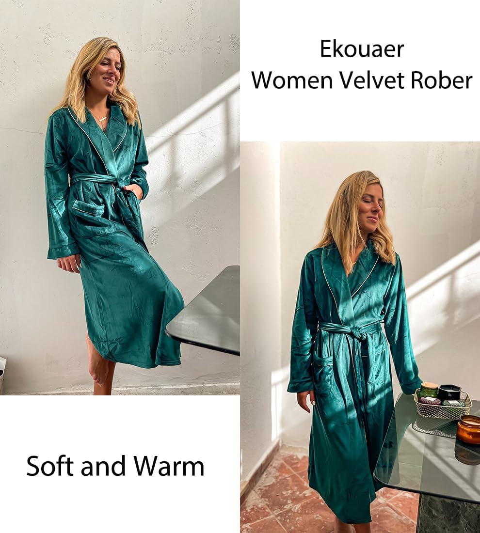 imageEkouaer Womens Robe Long Velvet Long Length Bathrobe Soft Warm Sleepwear Shawl Collar Casual Ladies LoungewearAdark Peacock Blue