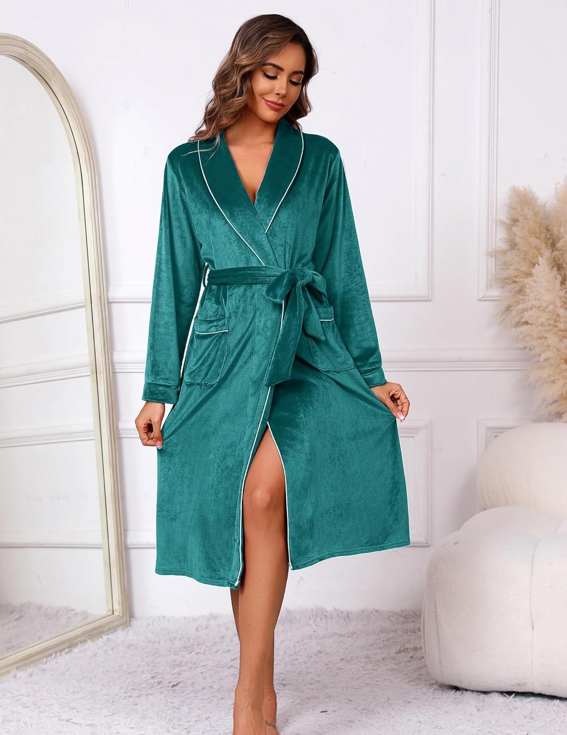 imageEkouaer Womens Robe Long Velvet Long Length Bathrobe Soft Warm Sleepwear Shawl Collar Casual Ladies LoungewearAdark Peacock Blue
