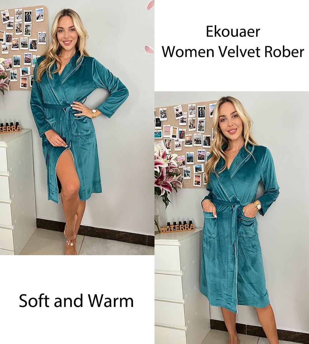 imageEkouaer Womens Robe Long Velvet Long Length Bathrobe Soft Warm Sleepwear Shawl Collar Casual Ladies LoungewearAdark Peacock Blue