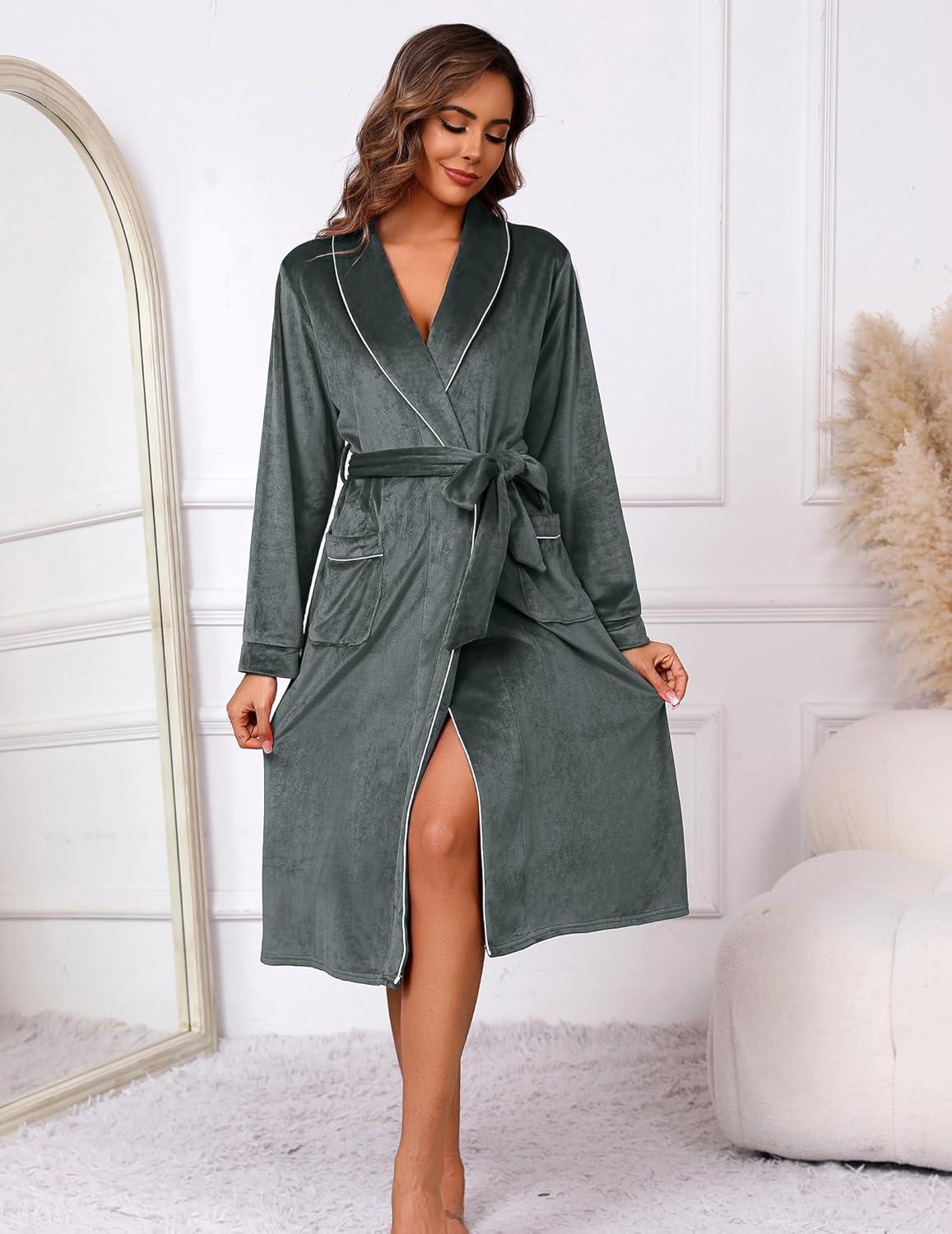 imageEkouaer Womens Robe Long Velvet Long Length Bathrobe Soft Warm Sleepwear Shawl Collar Casual Ladies LoungewearAdeep Grey