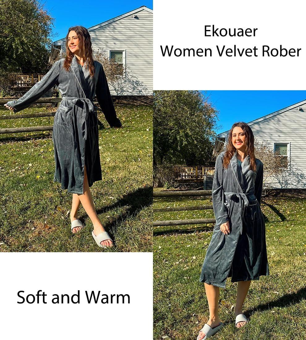 imageEkouaer Womens Robe Long Velvet Long Length Bathrobe Soft Warm Sleepwear Shawl Collar Casual Ladies LoungewearAdeep Grey