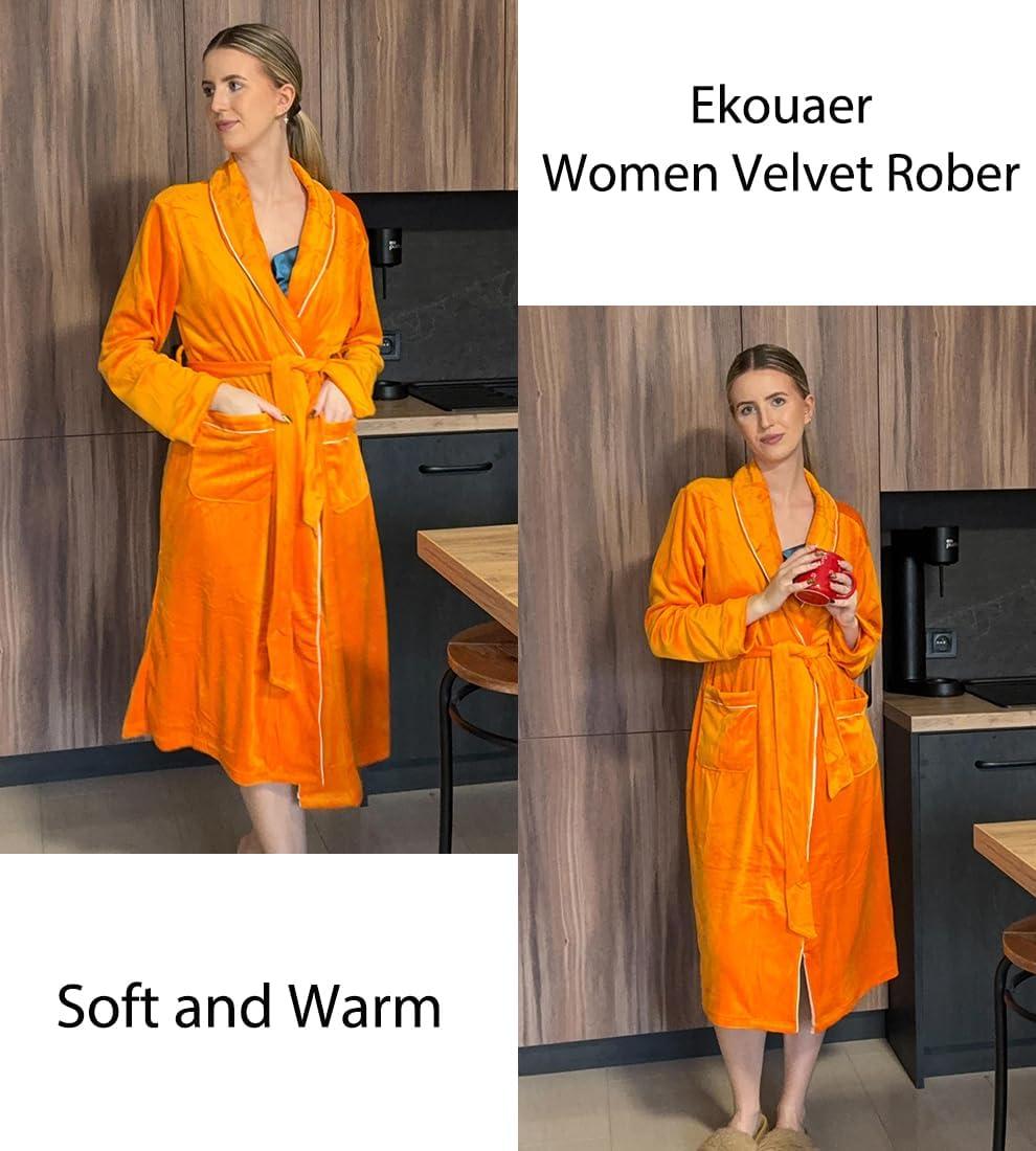 imageEkouaer Womens Robe Long Velvet Long Length Bathrobe Soft Warm Sleepwear Shawl Collar Casual Ladies LoungewearAorange