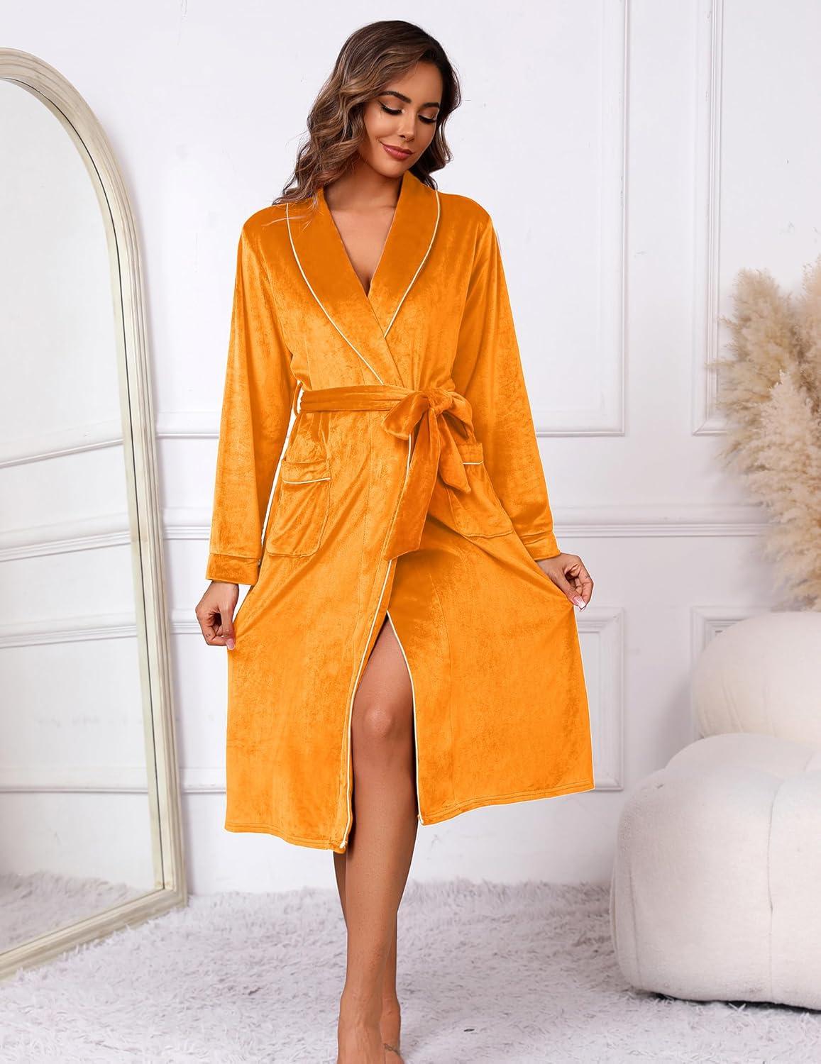 imageEkouaer Womens Robe Long Velvet Long Length Bathrobe Soft Warm Sleepwear Shawl Collar Casual Ladies LoungewearAorange