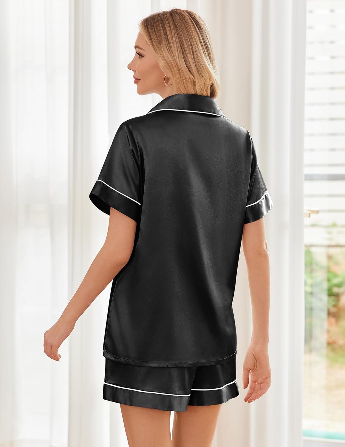 imageEkouaer Womens Silk Satin Pajama Sets Soft Short Sleeve Button Down Sleepwear Top and Shorts 2 Piece Pjs Lounge SetBlack