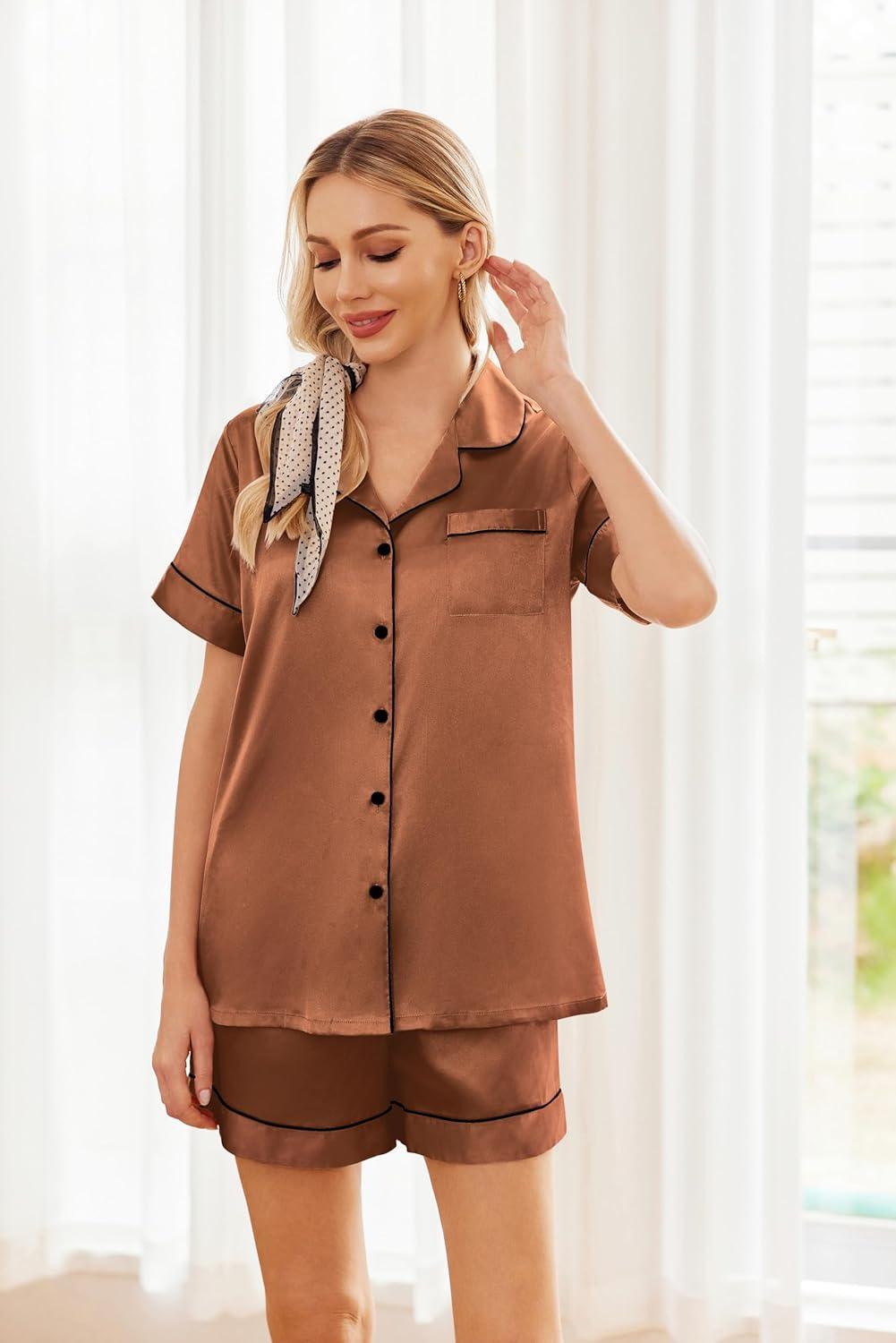 imageEkouaer Womens Silk Satin Pajama Sets Soft Short Sleeve Button Down Sleepwear Top and Shorts 2 Piece Pjs Lounge SetBrown