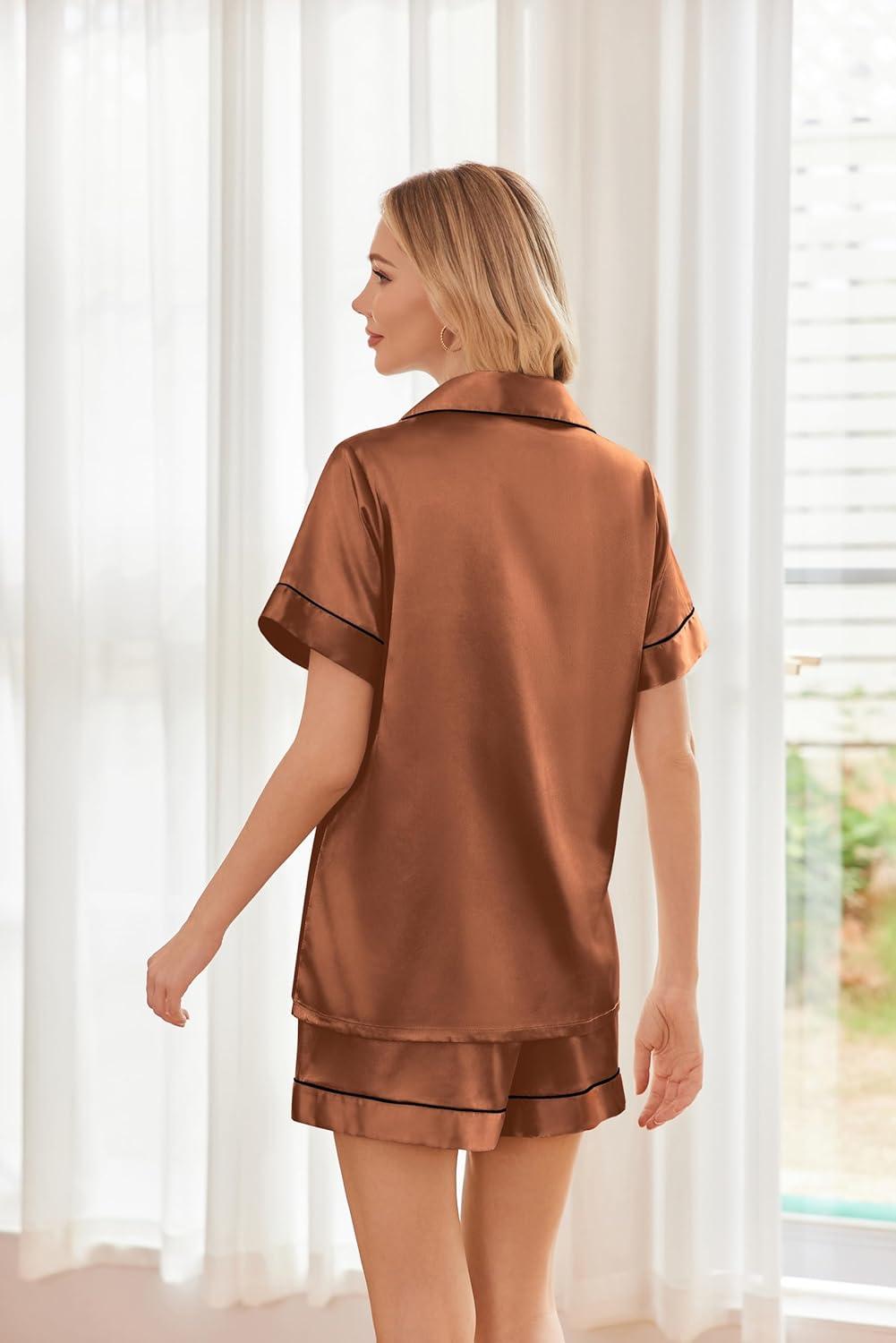 imageEkouaer Womens Silk Satin Pajama Sets Soft Short Sleeve Button Down Sleepwear Top and Shorts 2 Piece Pjs Lounge SetBrown