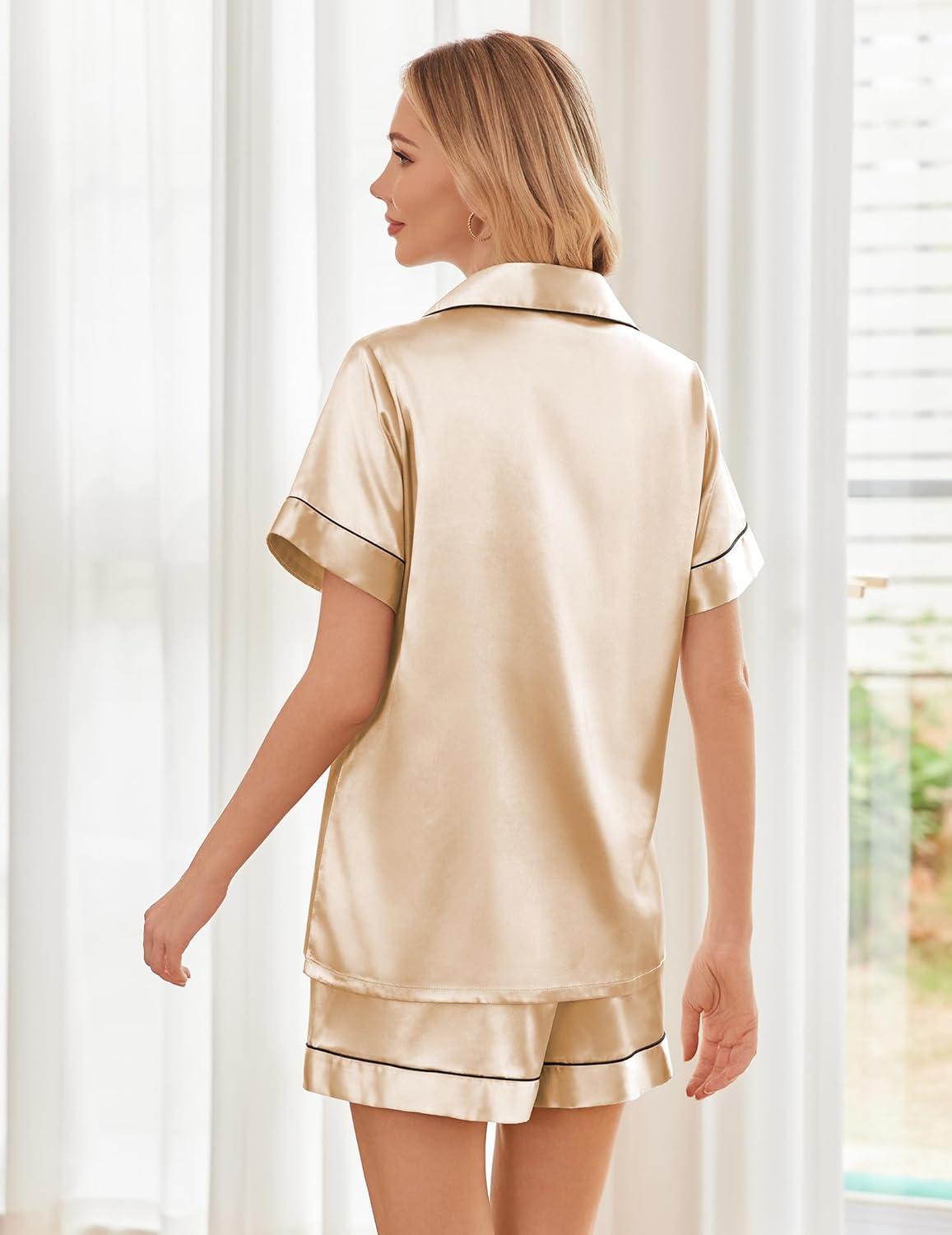 imageEkouaer Womens Silk Satin Pajama Sets Soft Short Sleeve Button Down Sleepwear Top and Shorts 2 Piece Pjs Lounge SetChampagne