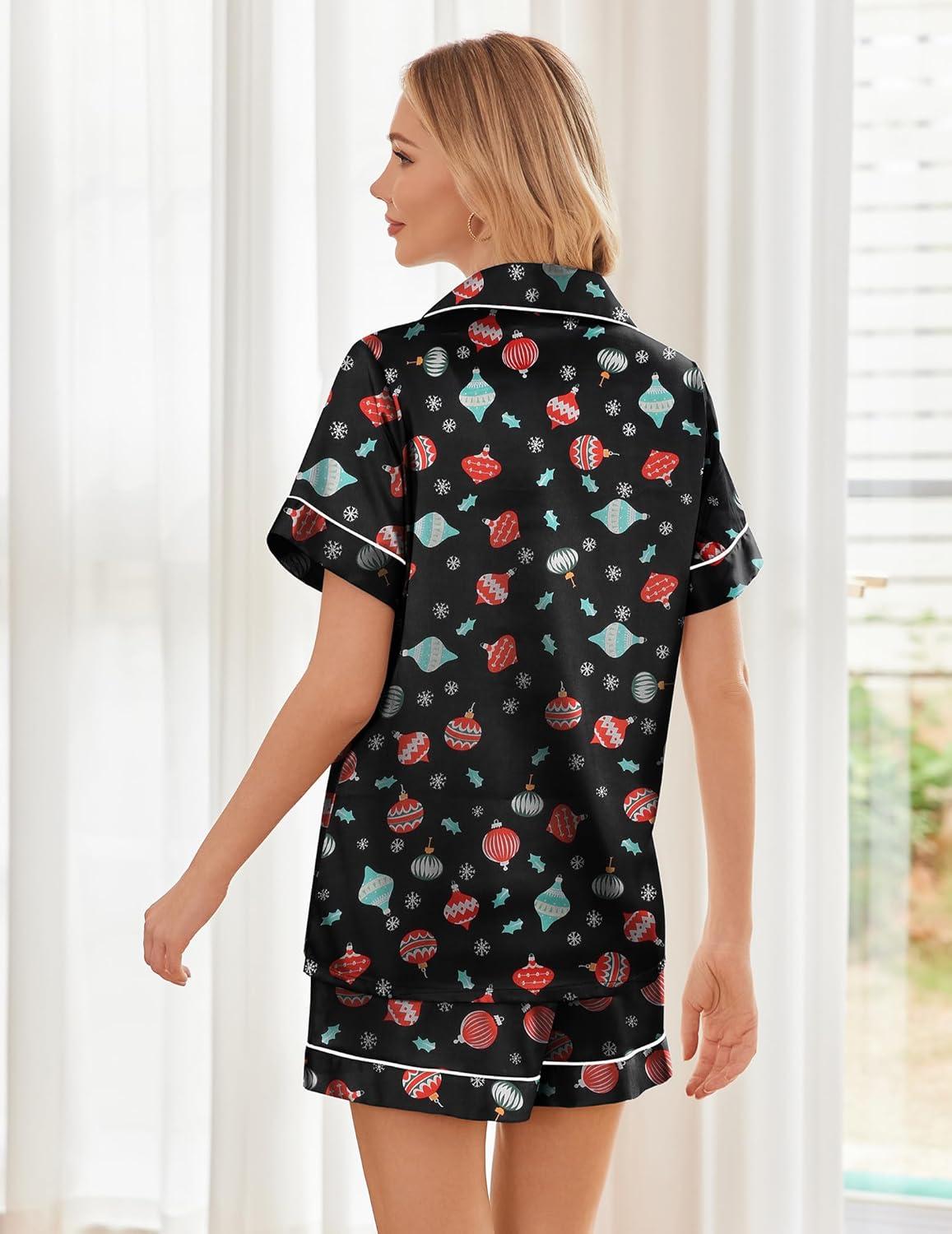 imageEkouaer Womens Silk Satin Pajama Sets Soft Short Sleeve Button Down Sleepwear Top and Shorts 2 Piece Pjs Lounge SetChristmas Black
