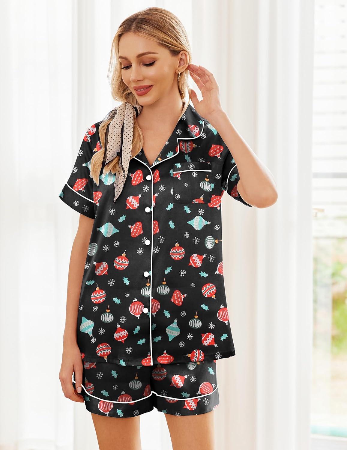 imageEkouaer Womens Silk Satin Pajama Sets Soft Short Sleeve Button Down Sleepwear Top and Shorts 2 Piece Pjs Lounge SetChristmas Black