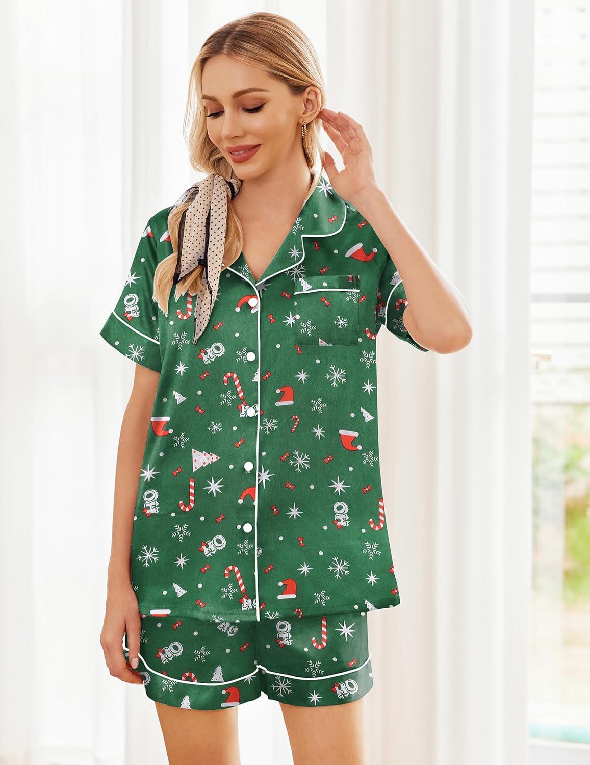 imageEkouaer Womens Silk Satin Pajama Sets Soft Short Sleeve Button Down Sleepwear Top and Shorts 2 Piece Pjs Lounge SetChristmas Green