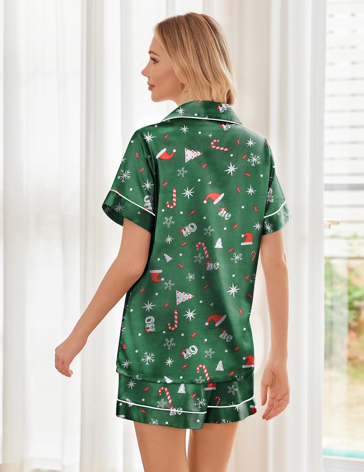 imageEkouaer Womens Silk Satin Pajama Sets Soft Short Sleeve Button Down Sleepwear Top and Shorts 2 Piece Pjs Lounge SetChristmas Green