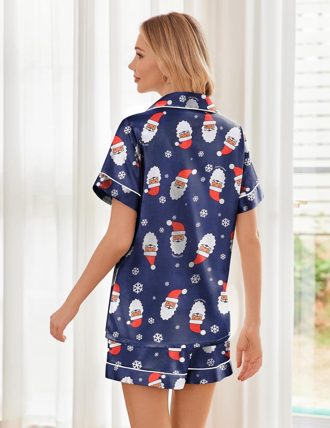 imageEkouaer Womens Silk Satin Pajama Sets Soft Short Sleeve Button Down Sleepwear Top and Shorts 2 Piece Pjs Lounge SetChristmas Navy