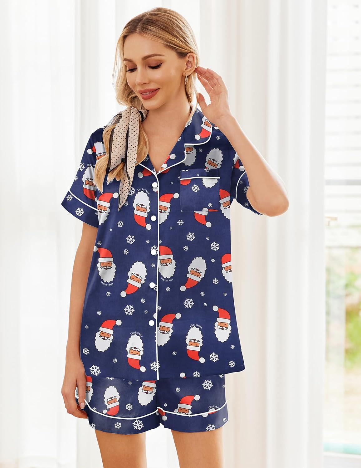 imageEkouaer Womens Silk Satin Pajama Sets Soft Short Sleeve Button Down Sleepwear Top and Shorts 2 Piece Pjs Lounge SetChristmas Navy