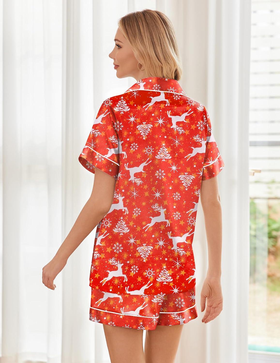 imageEkouaer Womens Silk Satin Pajama Sets Soft Short Sleeve Button Down Sleepwear Top and Shorts 2 Piece Pjs Lounge SetChristmas Red Deer