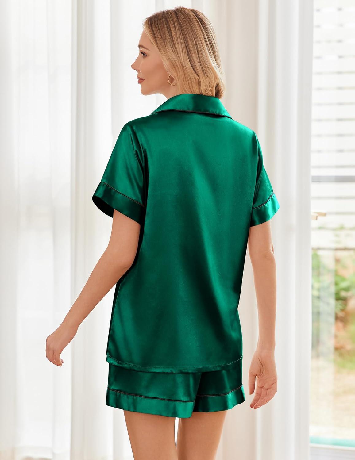 imageEkouaer Womens Silk Satin Pajama Sets Soft Short Sleeve Button Down Sleepwear Top and Shorts 2 Piece Pjs Lounge SetDark Green