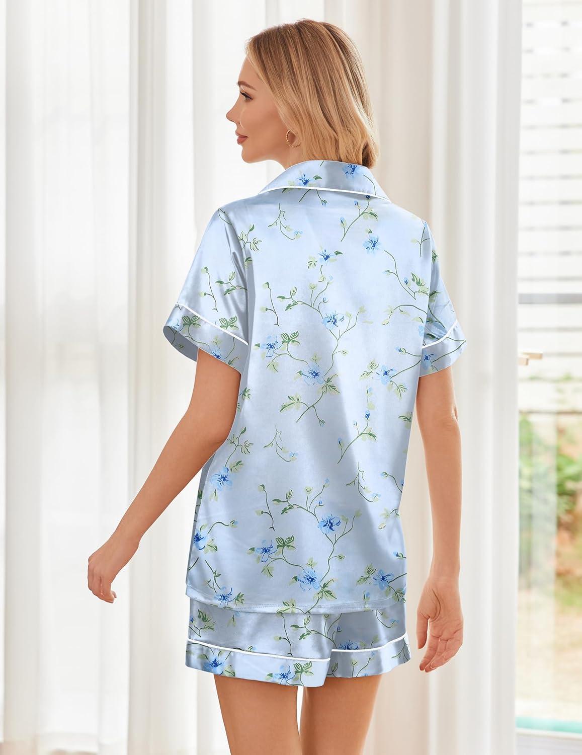 imageEkouaer Womens Silk Satin Pajama Sets Soft Short Sleeve Button Down Sleepwear Top and Shorts 2 Piece Pjs Lounge SetFloral Light Blue