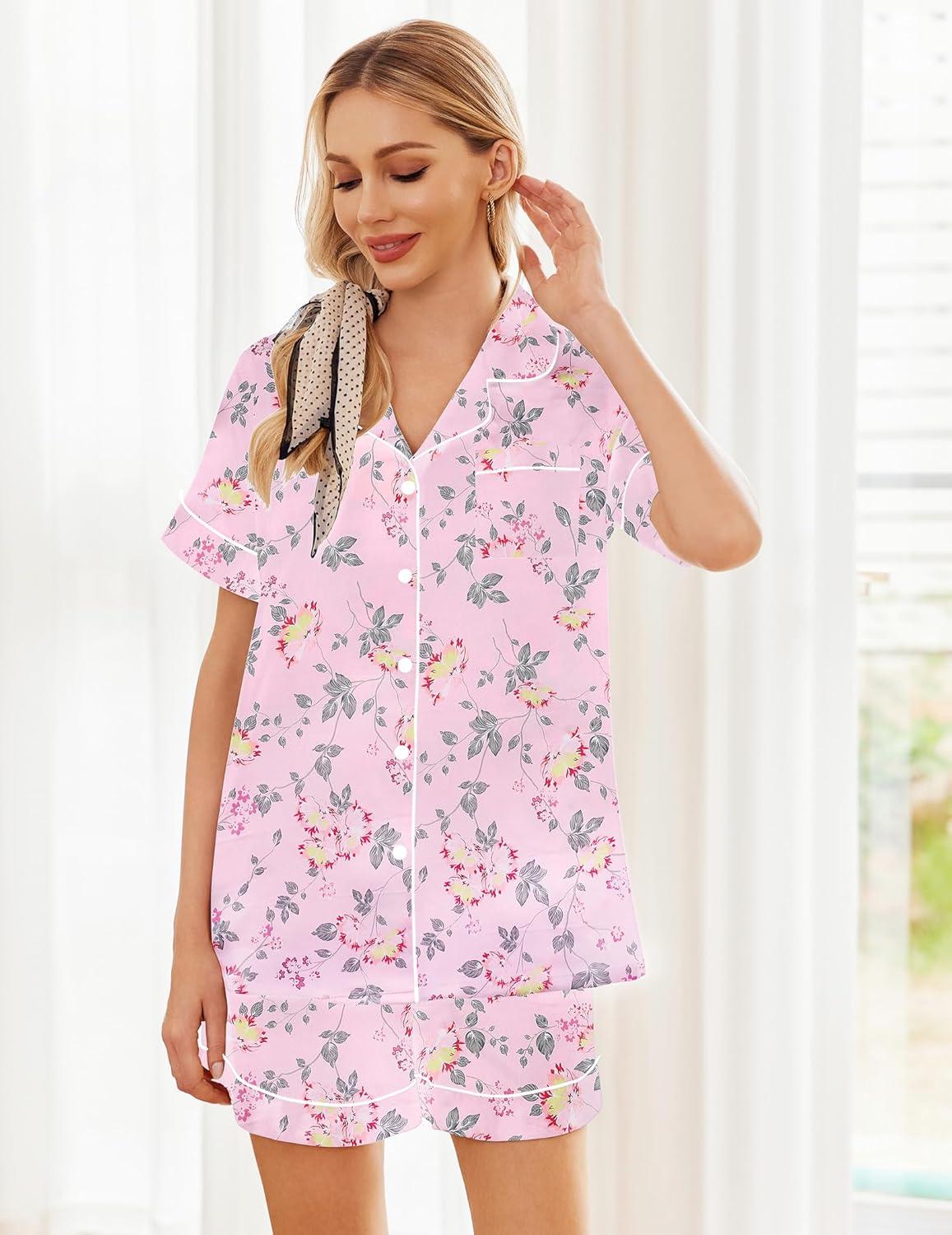 imageEkouaer Womens Silk Satin Pajama Sets Soft Short Sleeve Button Down Sleepwear Top and Shorts 2 Piece Pjs Lounge SetFloral Pink Yellow