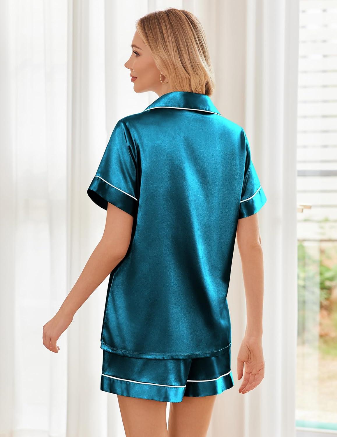 imageEkouaer Womens Silk Satin Pajama Sets Soft Short Sleeve Button Down Sleepwear Top and Shorts 2 Piece Pjs Lounge SetLake Blue