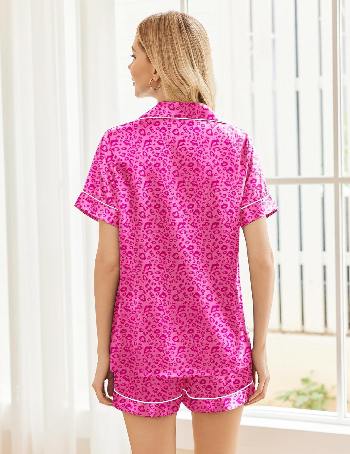 imageEkouaer Womens Silk Satin Pajama Sets Soft Short Sleeve Button Down Sleepwear Top and Shorts 2 Piece Pjs Lounge SetLeopard Hot Pink