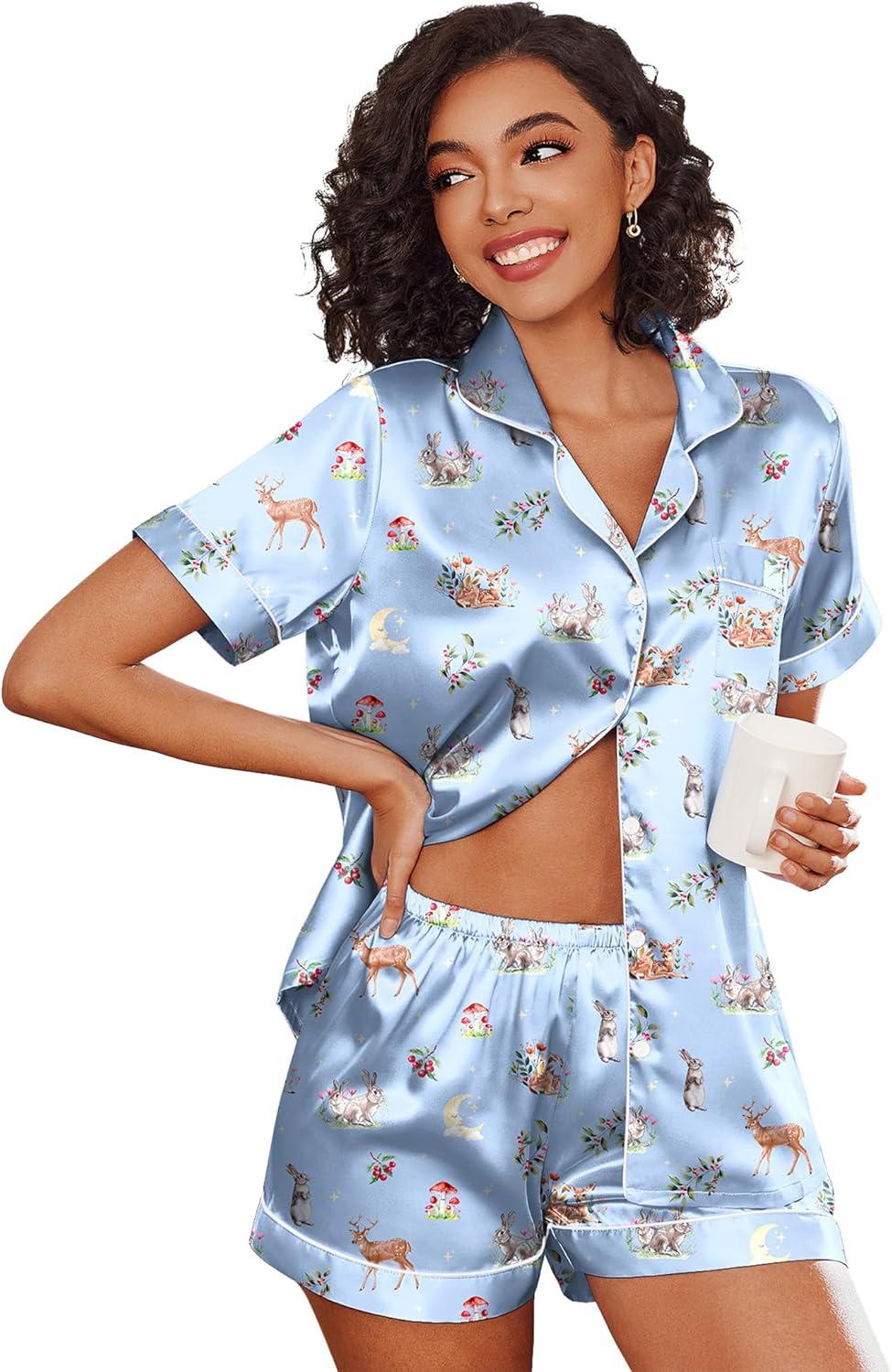 imageEkouaer Womens Silk Satin Pajama Sets Soft Short Sleeve Button Down Sleepwear Top and Shorts 2 Piece Pjs Lounge SetLight Blueanimal