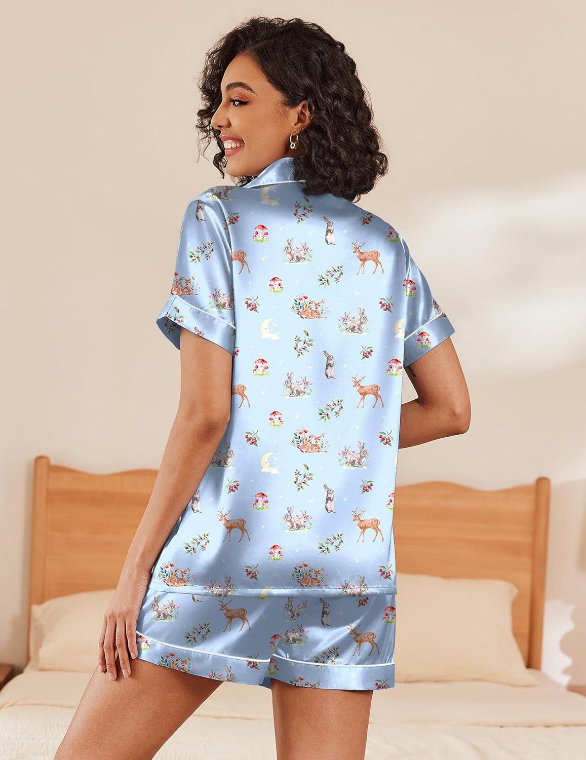 imageEkouaer Womens Silk Satin Pajama Sets Soft Short Sleeve Button Down Sleepwear Top and Shorts 2 Piece Pjs Lounge SetLight Blueanimal